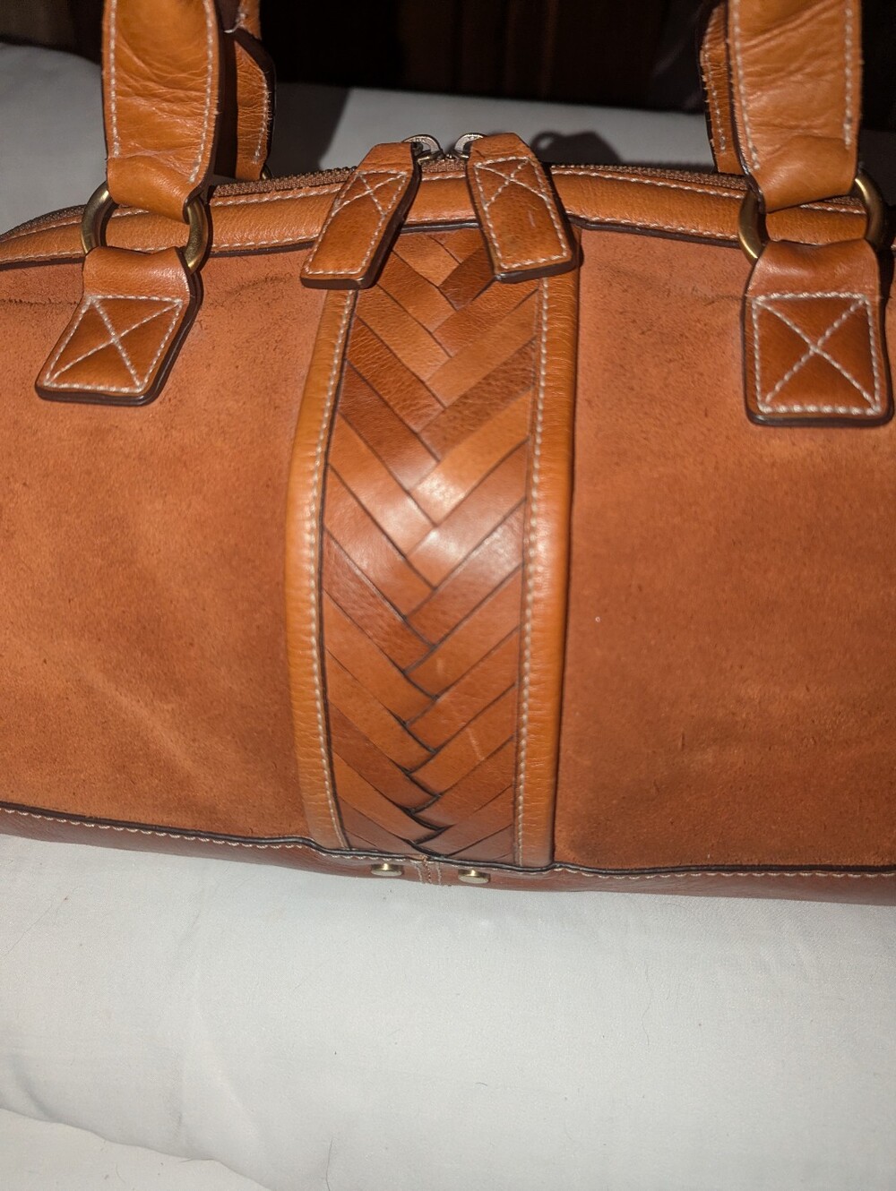 Cole Haan Cognac Brown Suede With Leather Woven Accent Duffle Bag - Picture 3 of 14